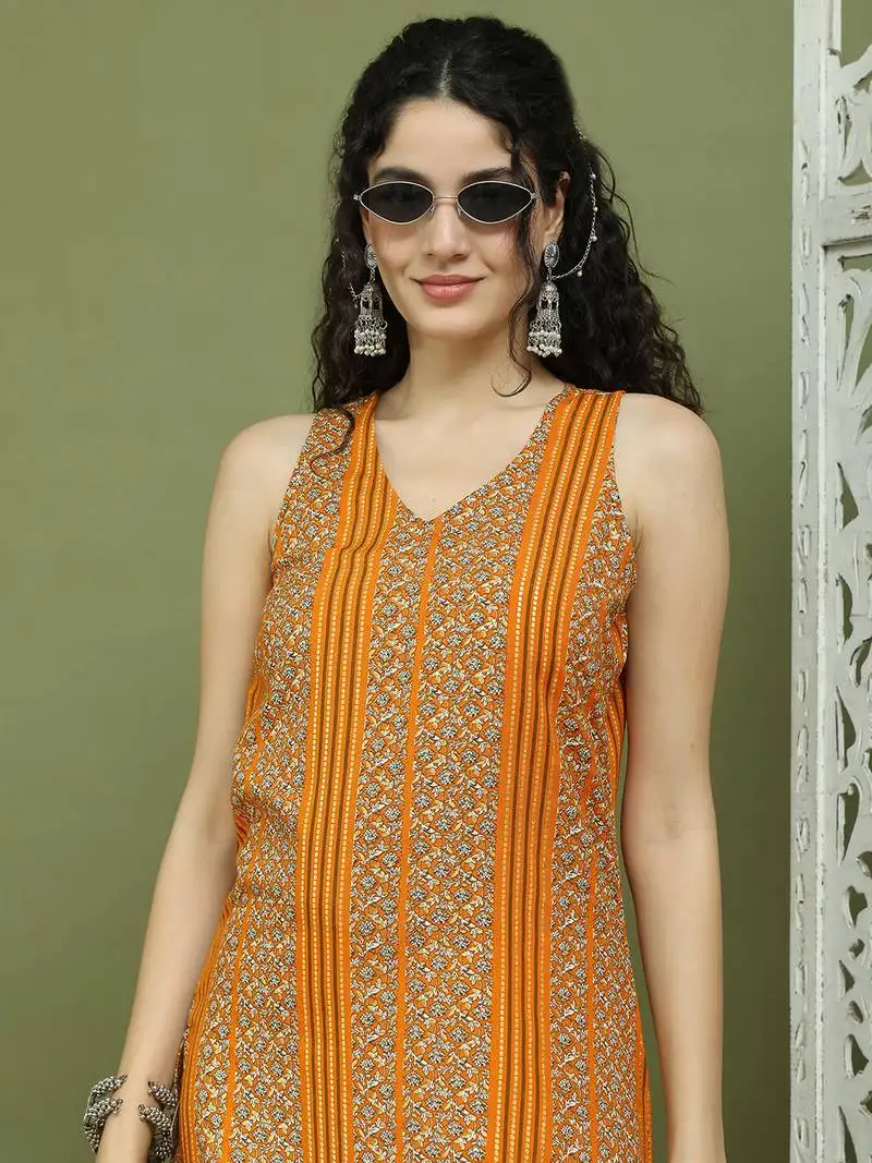 Yellow foil printed rayon kurta for women