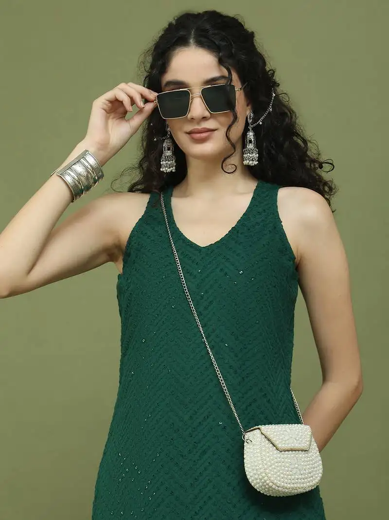 Green embroidered rayon kurta for women