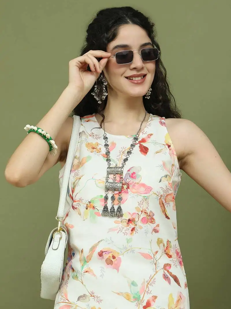 White printed rayon kurta for women