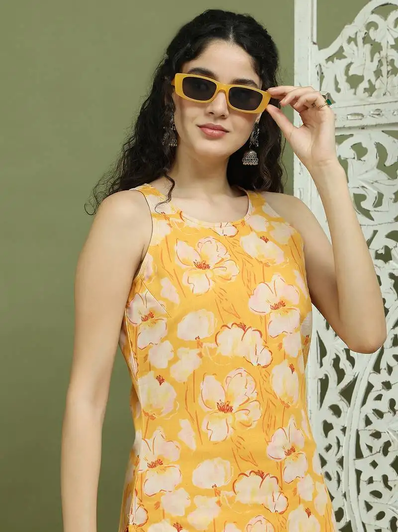 Yellow printed rayon kurta for women