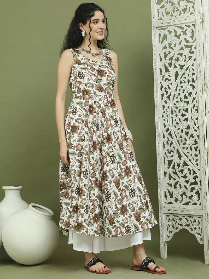 Brown foil printed flared kurtas
