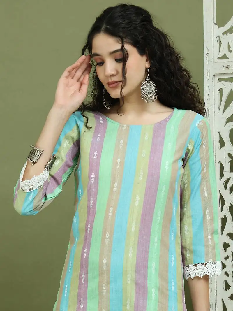 Green lace work, woven design straight kurtas for women