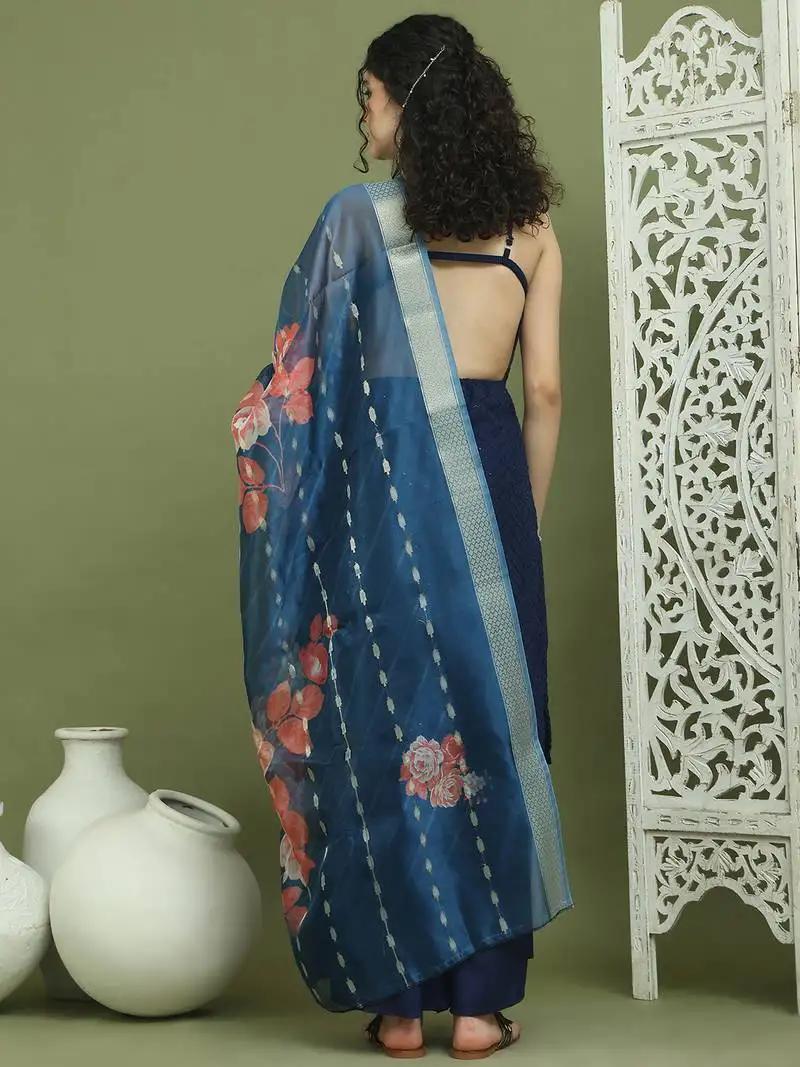 Backless designer kurta palazzo set with floral dupatta