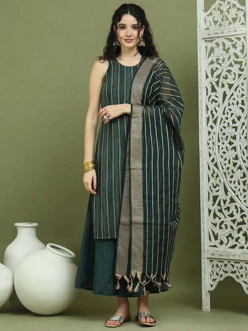 Woven design kurta pallazos dupatta set