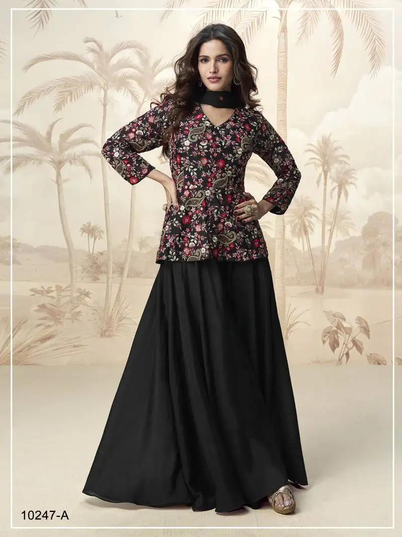 Black chinon embroidered with sequin work free size full stitched salwar suit