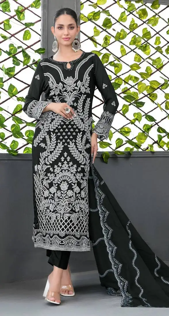 Black faux georgette embroidered semi stitched salwar suit