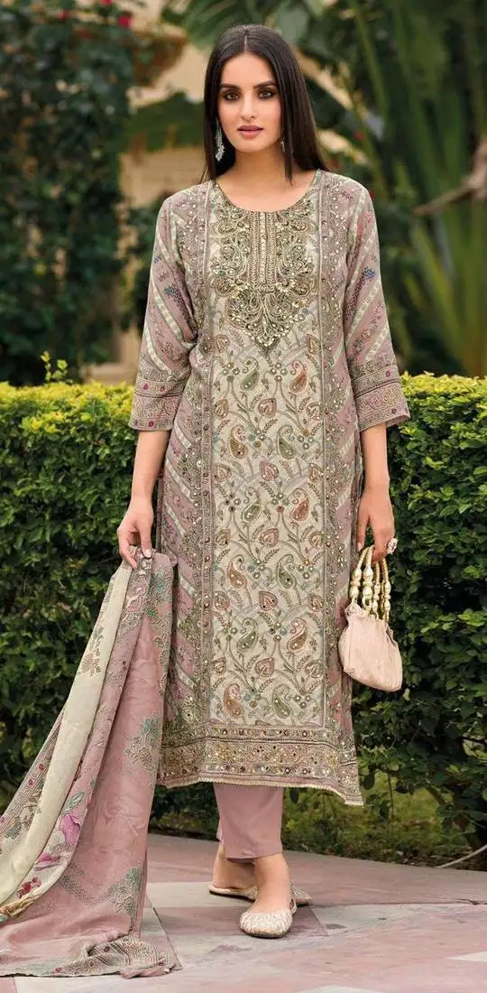 Baby pink viscose muslin digital print with aari and mirror work semi stitched salwar suit