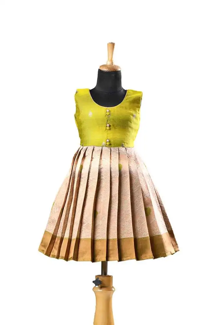 Parrot green banarasi short sleeve semmal baby frock for kids