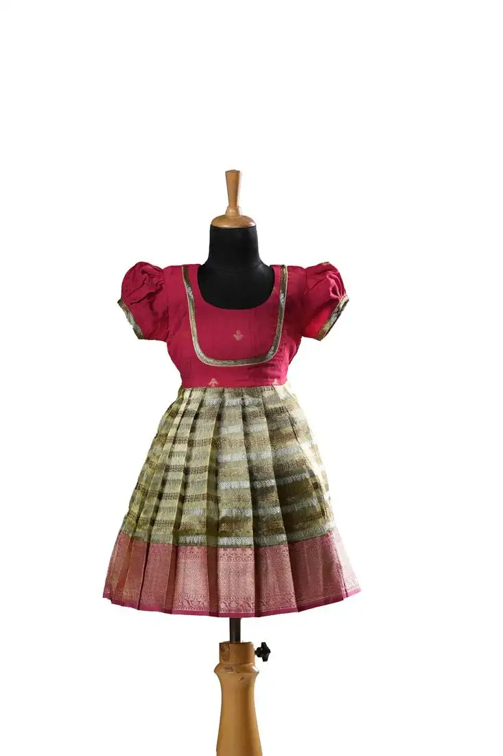 Pink banarasi sprout short sleeve baby frock for kids