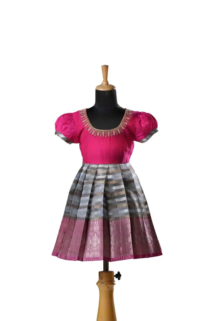 Pink flower banarasi short sleeve pattu pavadai bell baby frock for kids