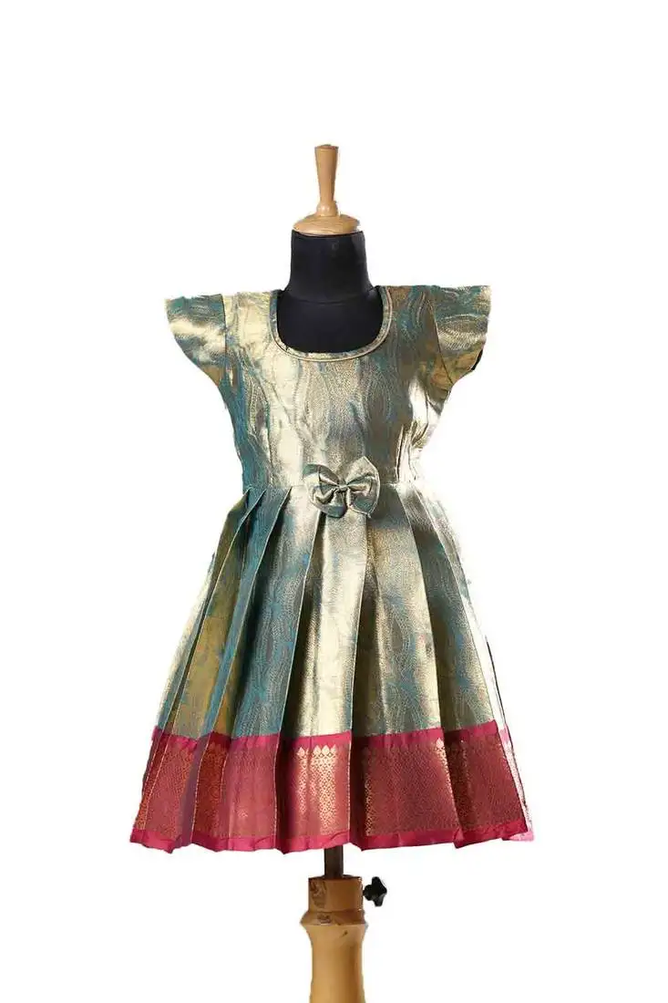 Blue mango banarasi leaf short sleeve baby frock for kids