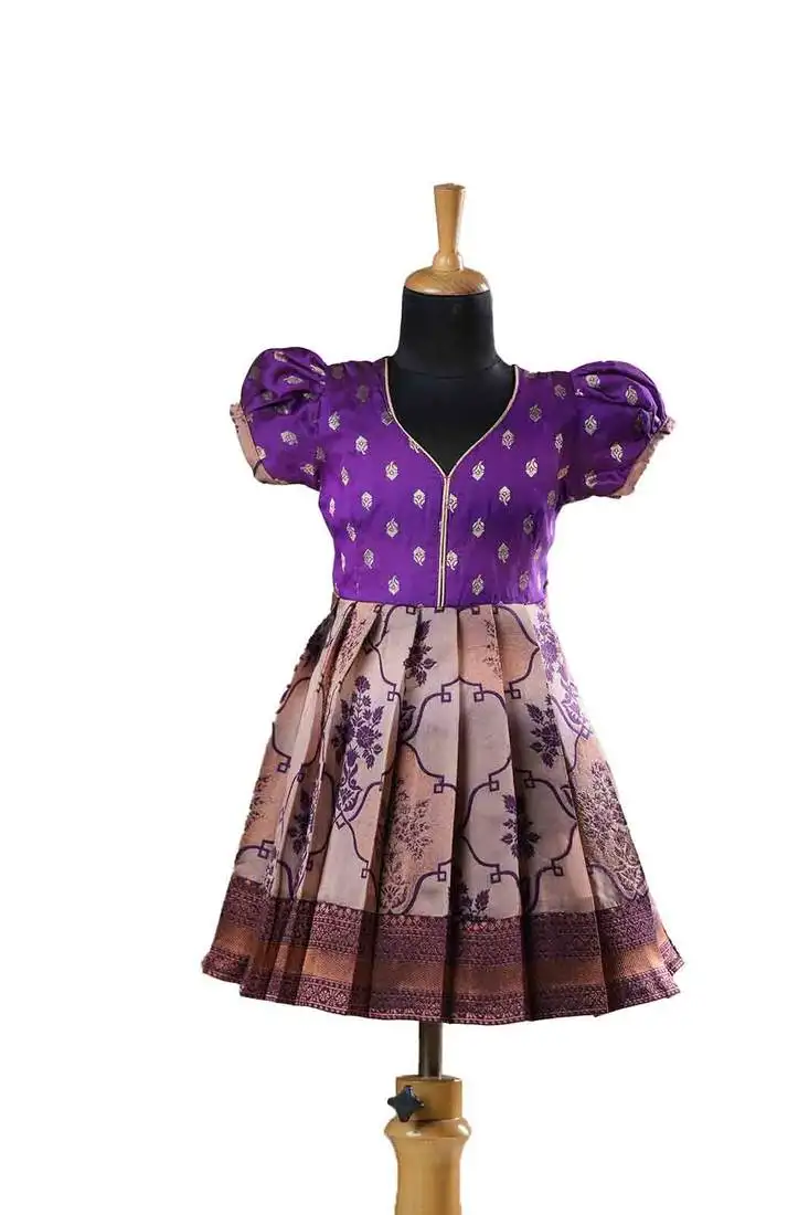 Magenta banarasi lantana short sleeve baby frock for kids