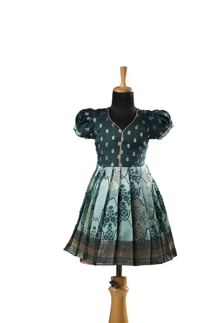 Dark green banarasi short sleeve lantana baby frock for kids