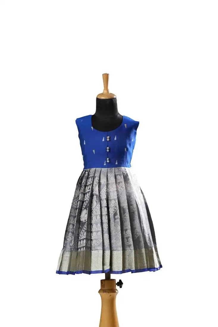 Blue floral banarasi sleeveless tissue baby frock for kids