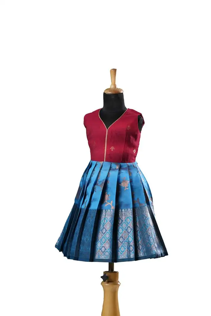 Maroon banarasi sleeveless climber baby frock for kids