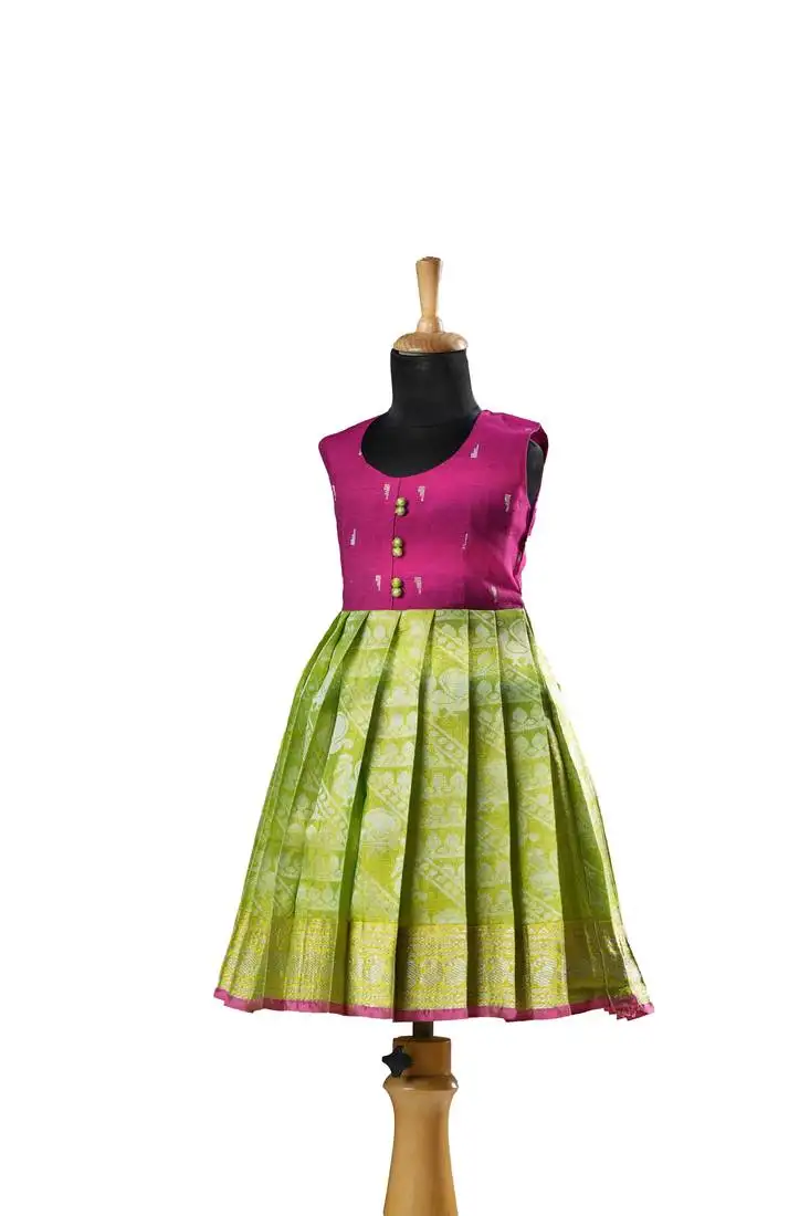Pink floral tissue banarasi sleeveless baby frock for kids