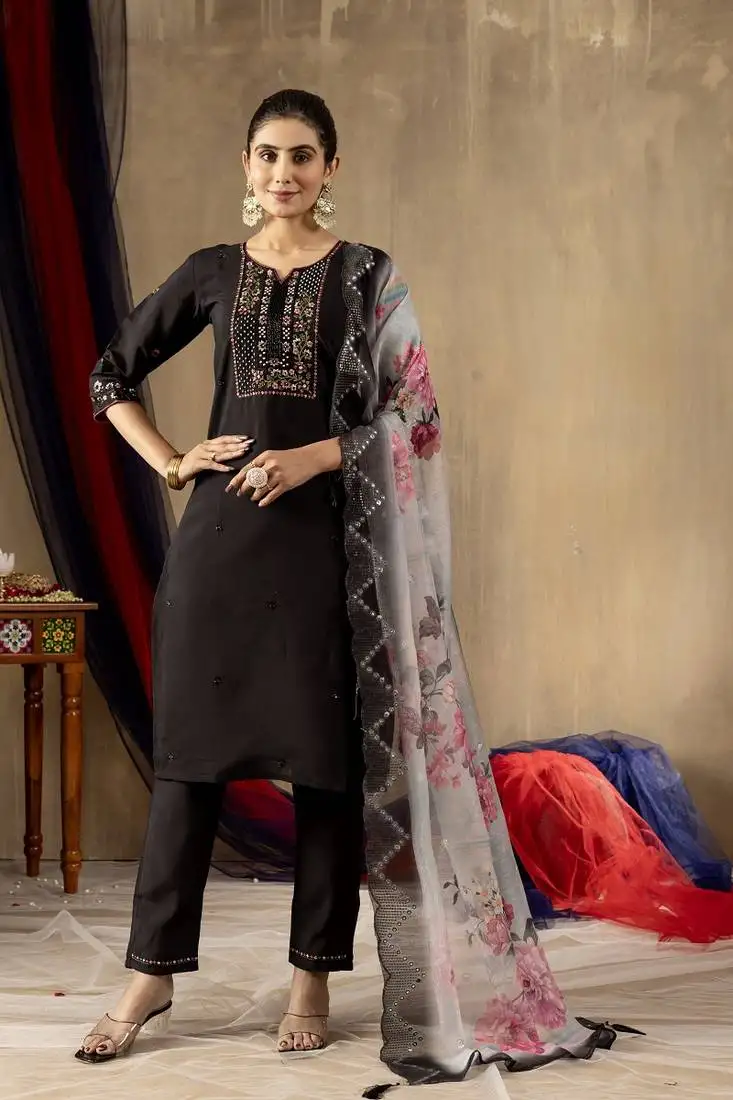 Black colour with embroidered work marin silk stitch for women