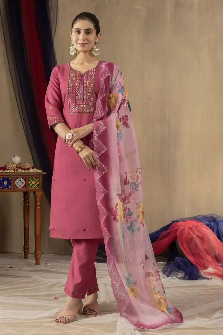 Pink colour with embroidered work marin silk stitch for women