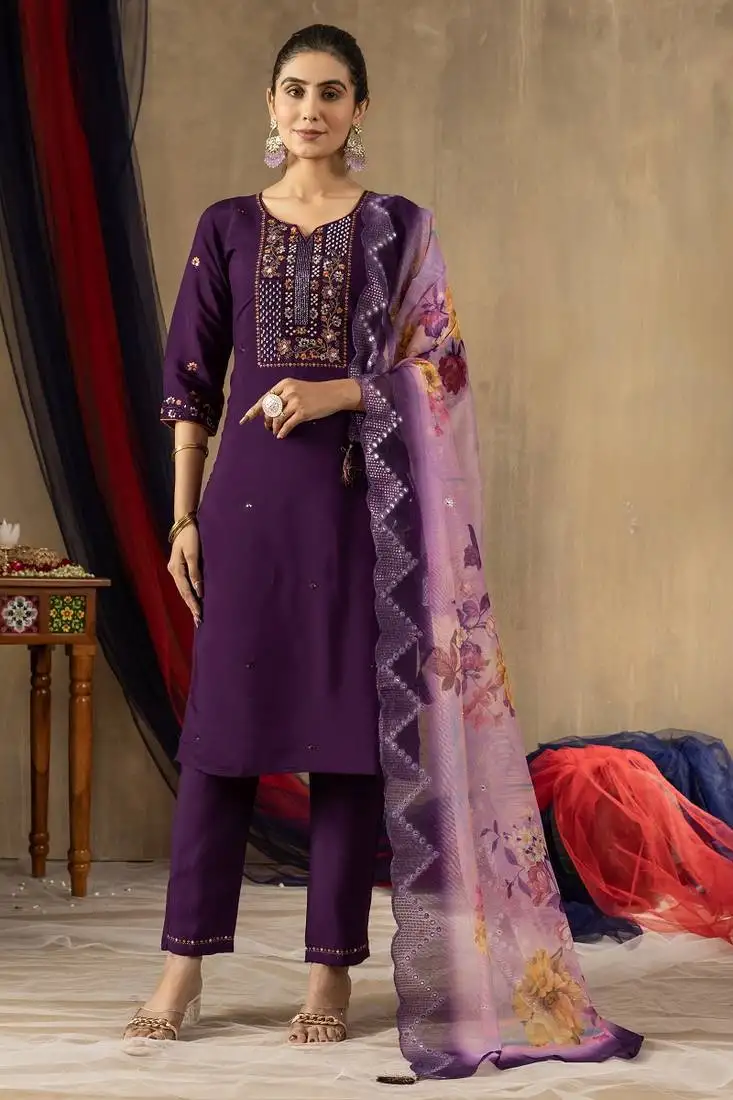 Purple colour with embroidered work marin silk stitch for women