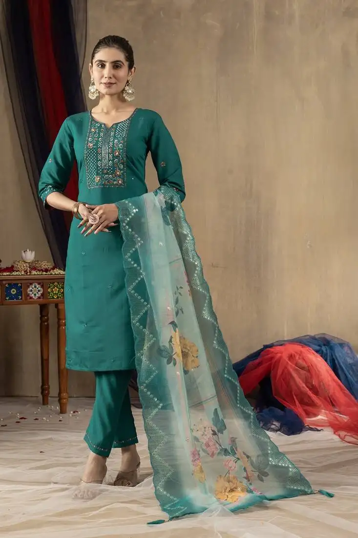 Teal colour with embroidered work marin silk stitch for women