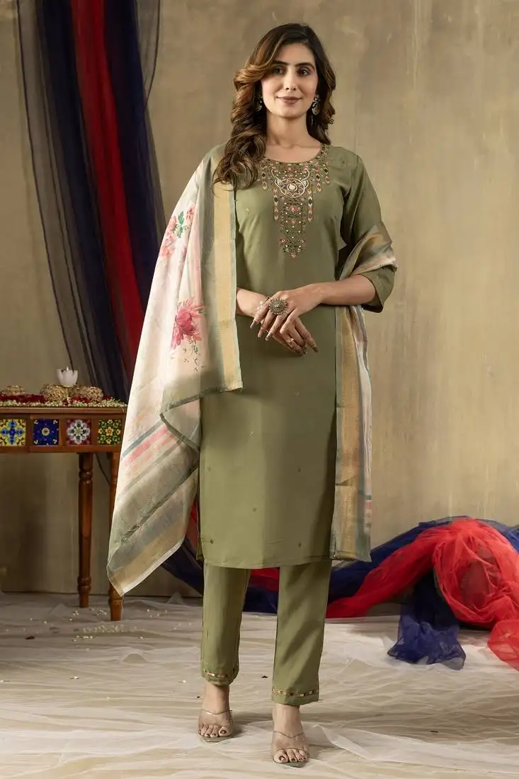 Green colour with embroidered work shimmer gold silk stitch for women