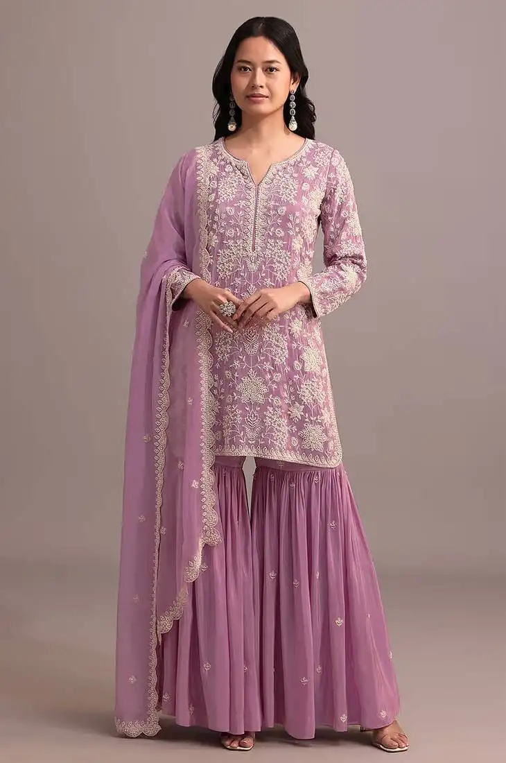 Pink embroidered faux georgette semi-palazzo style salwar suit semi stitched