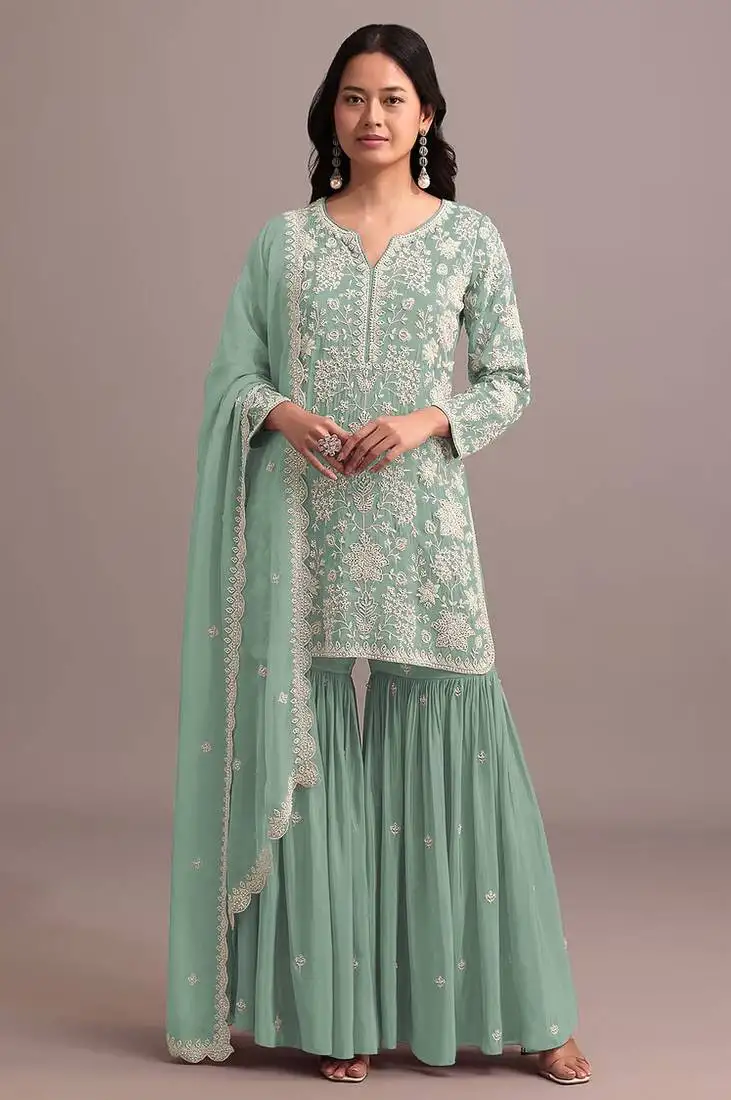 Green embroidered faux georgette semi-palazzo style salwar suit semi stitched