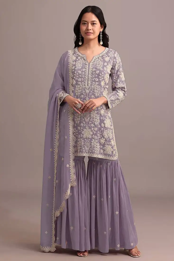 Purple embroidered faux georgette semi-palazzo style salwar suit semi stitched