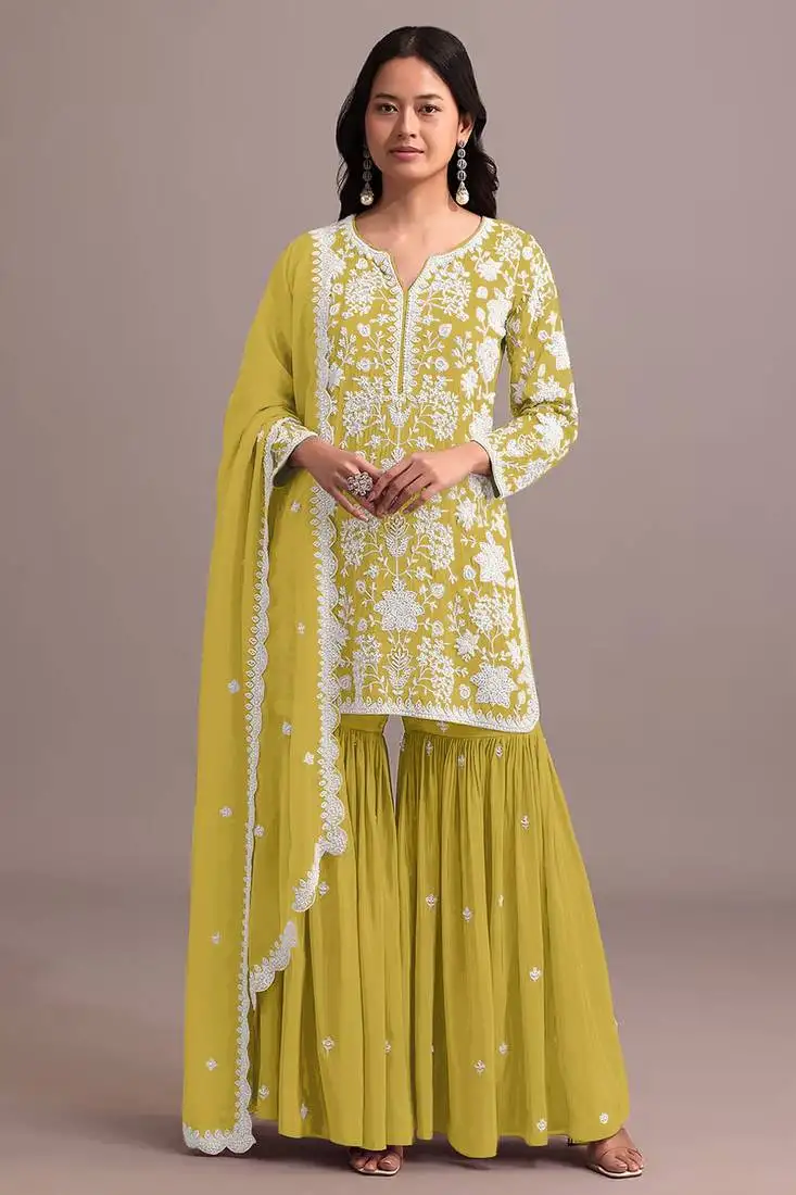 Yellow embroidered faux georgette semi-palazzo style salwar suit semi stitched