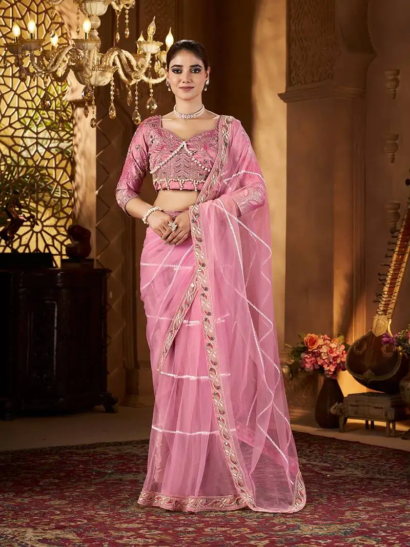 Pink net embroidery work saree with unstitched blouse piece