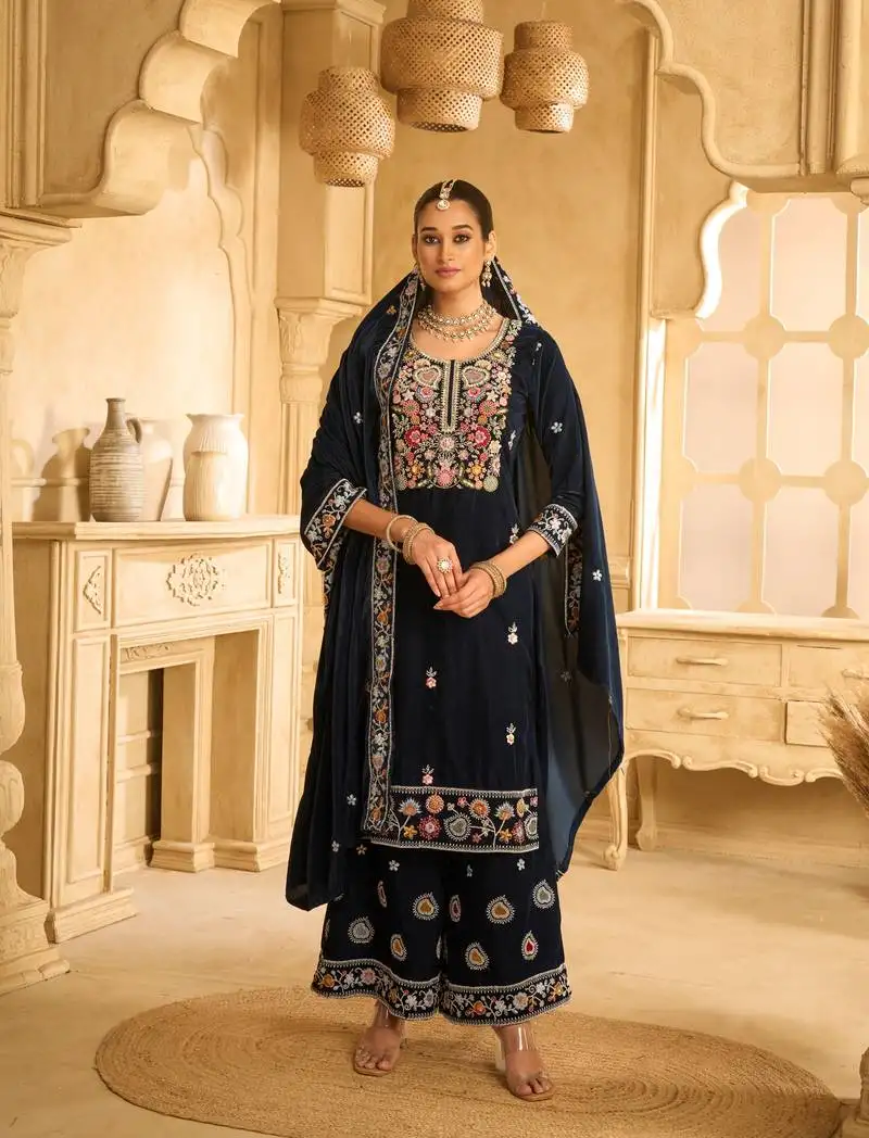 Blue embroidered velvet semi-palazzo style salwar suit semi stitched