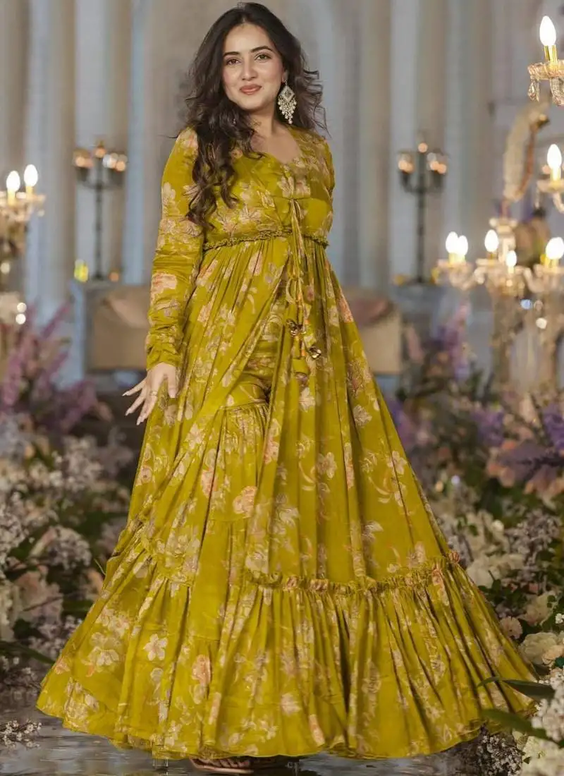 Mustard green sharara suit set with crop top & shrug stitched