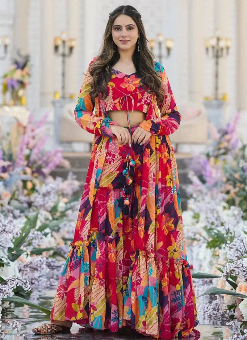 Multicolor sharara suit set with crop top & shrug stitched