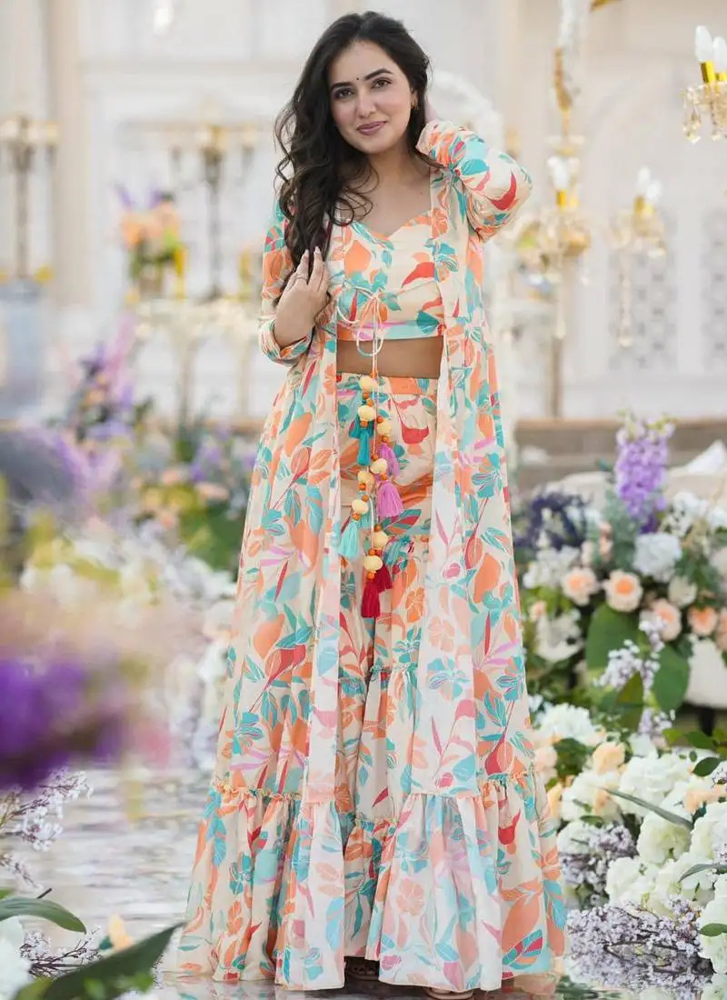 White sharara suit set with crop top & shrug stitched