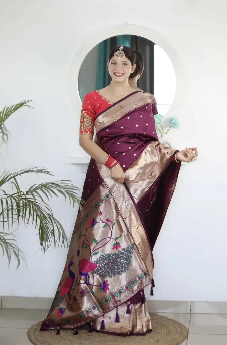 Purple paithani silk blend saree with unstitched blouse