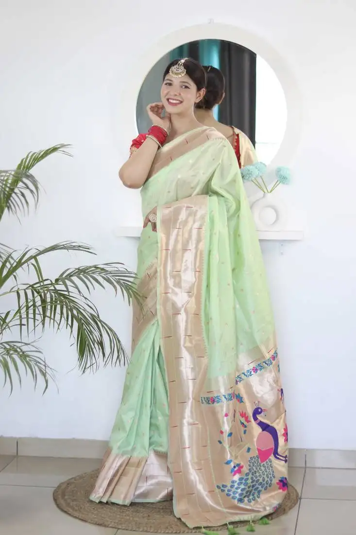 Green paithani silk blend saree with unstitched blouse