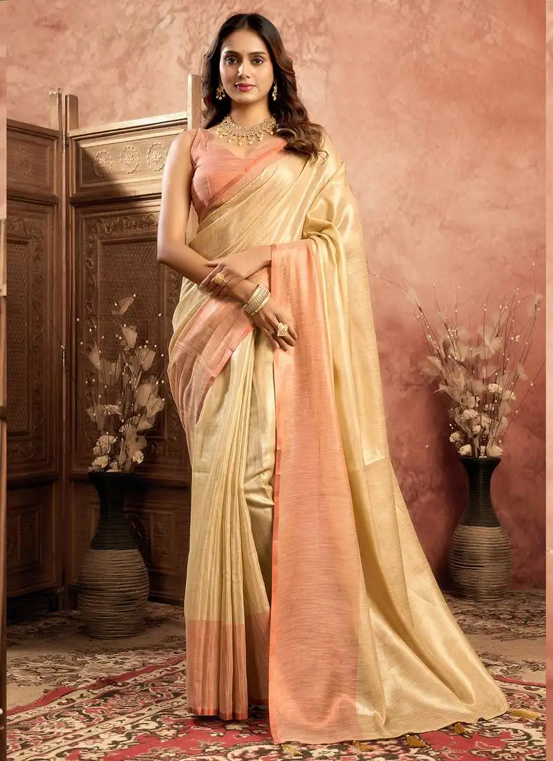 Chiku tissue silk saree with weave border and blouse