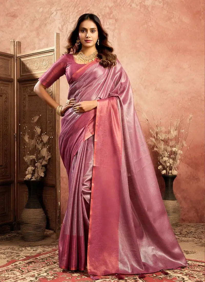 Magenta tissue silk saree with weave border and blouse