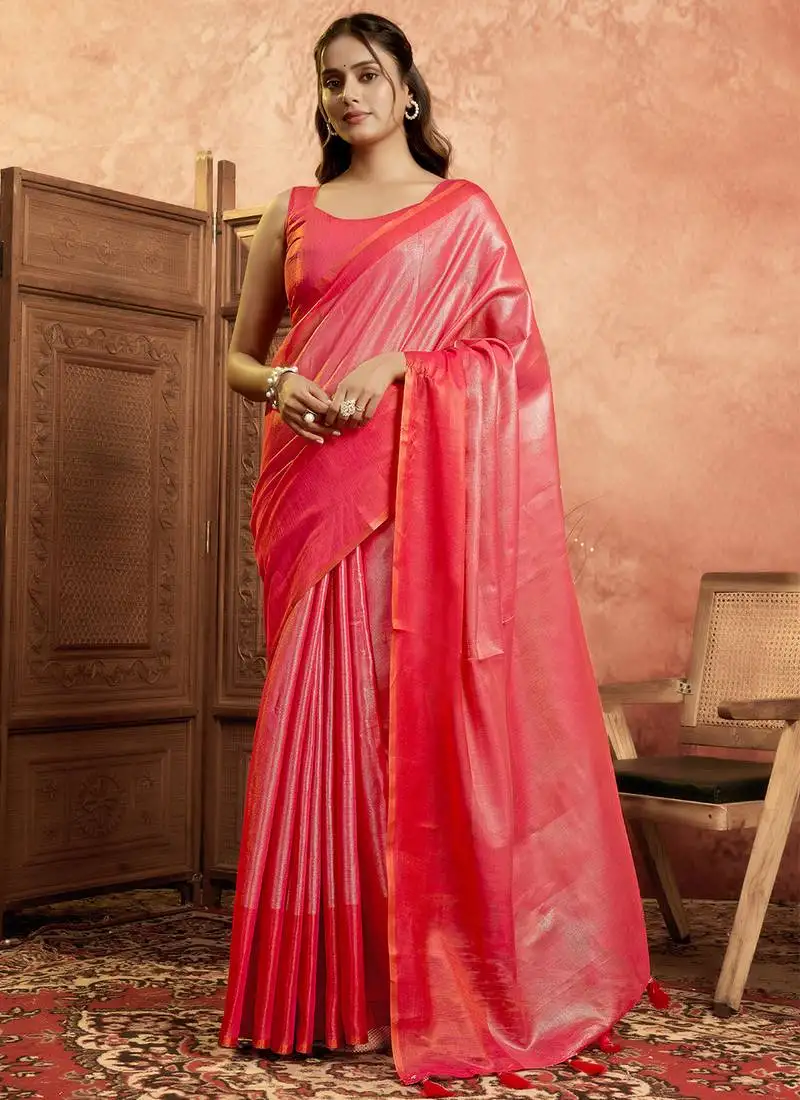 Red tissue silk saree with weave border and blouse