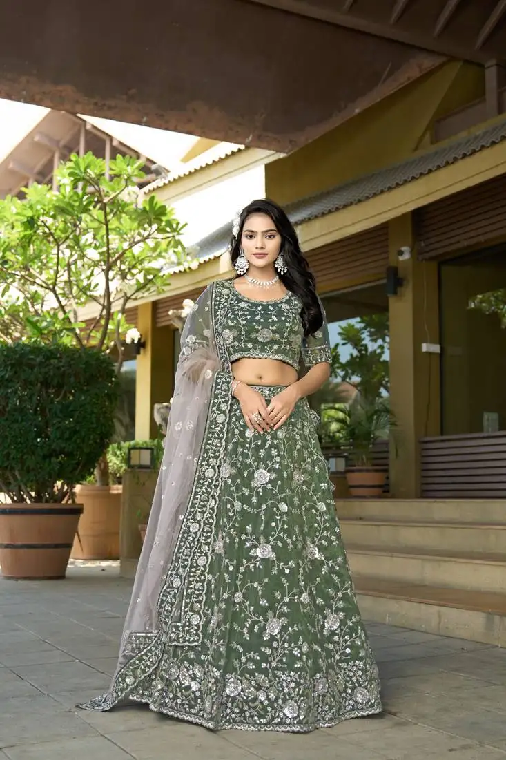 Green tissue zarkan sequin semi stitch lehenga