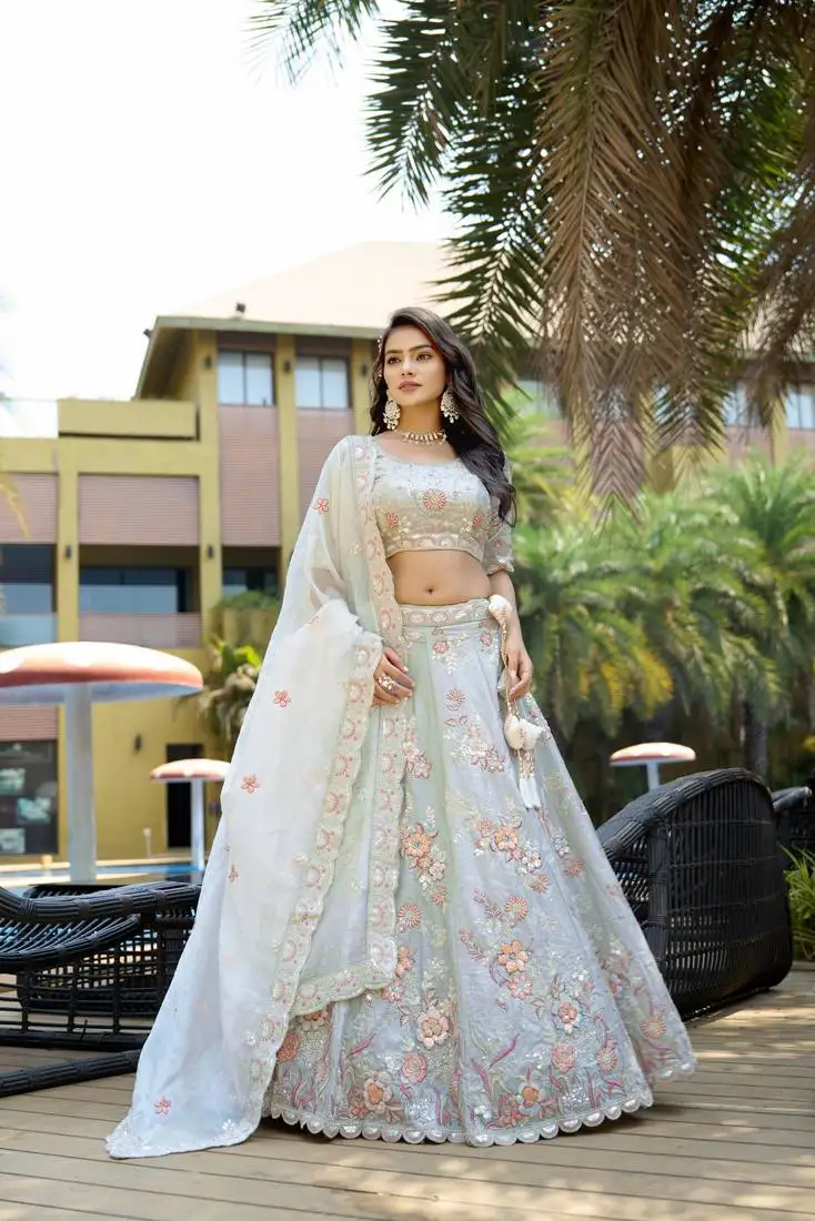 Light grey fendy silk zarkan sequin semi stitch lehenga