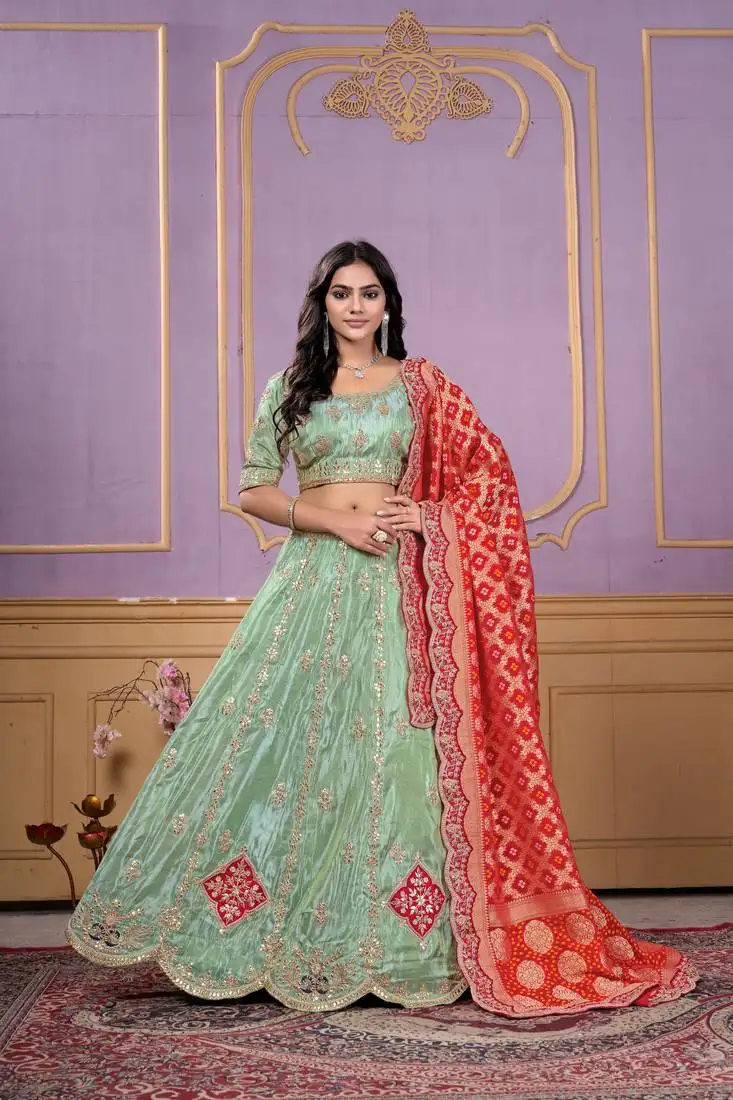 Pista green viscose gota work sequin semi stitch lehenga