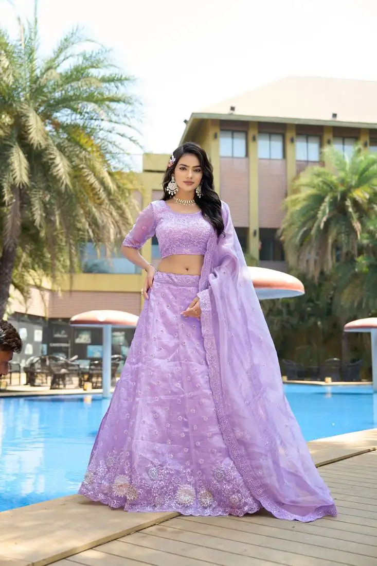 Lavender organza zarkan sequin semi stitch lehenga