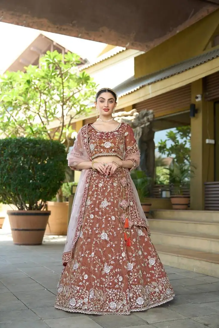 Brown tissue zarkan sequin semi stitch lehenga