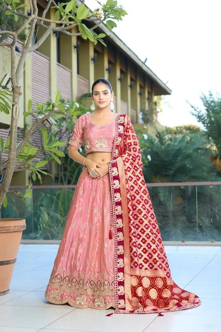 Pink viscose gota work semi stitch lehenga