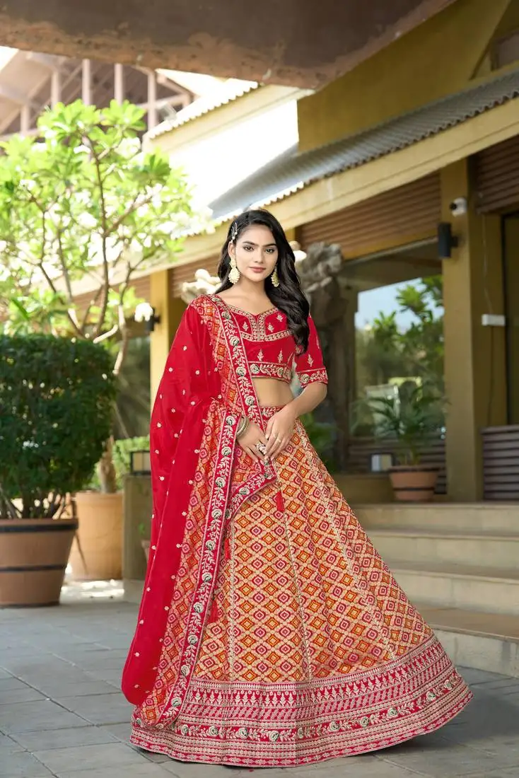 Red viscose silk gota work semi stitch lehenga