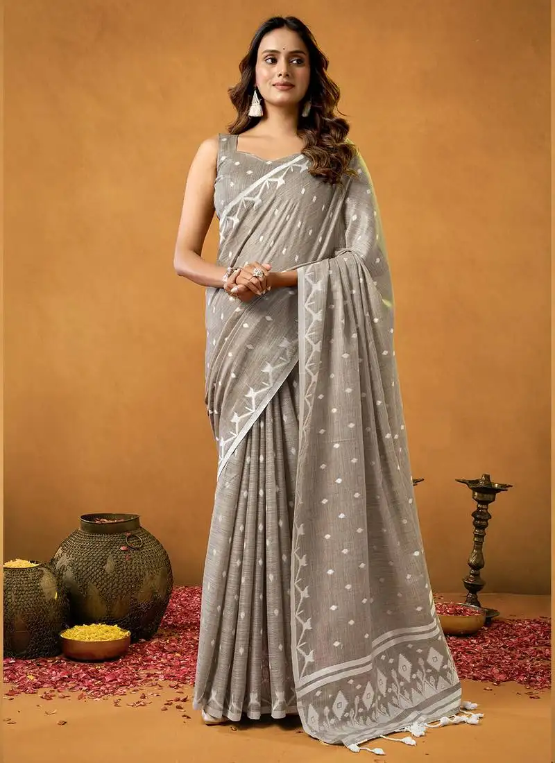 Light brown spun floral cotton jamdani saree