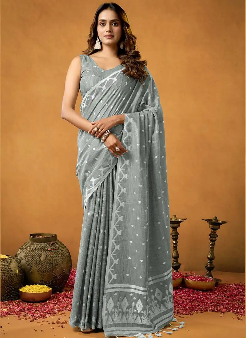 Grey floral cotton floral jamdani saree