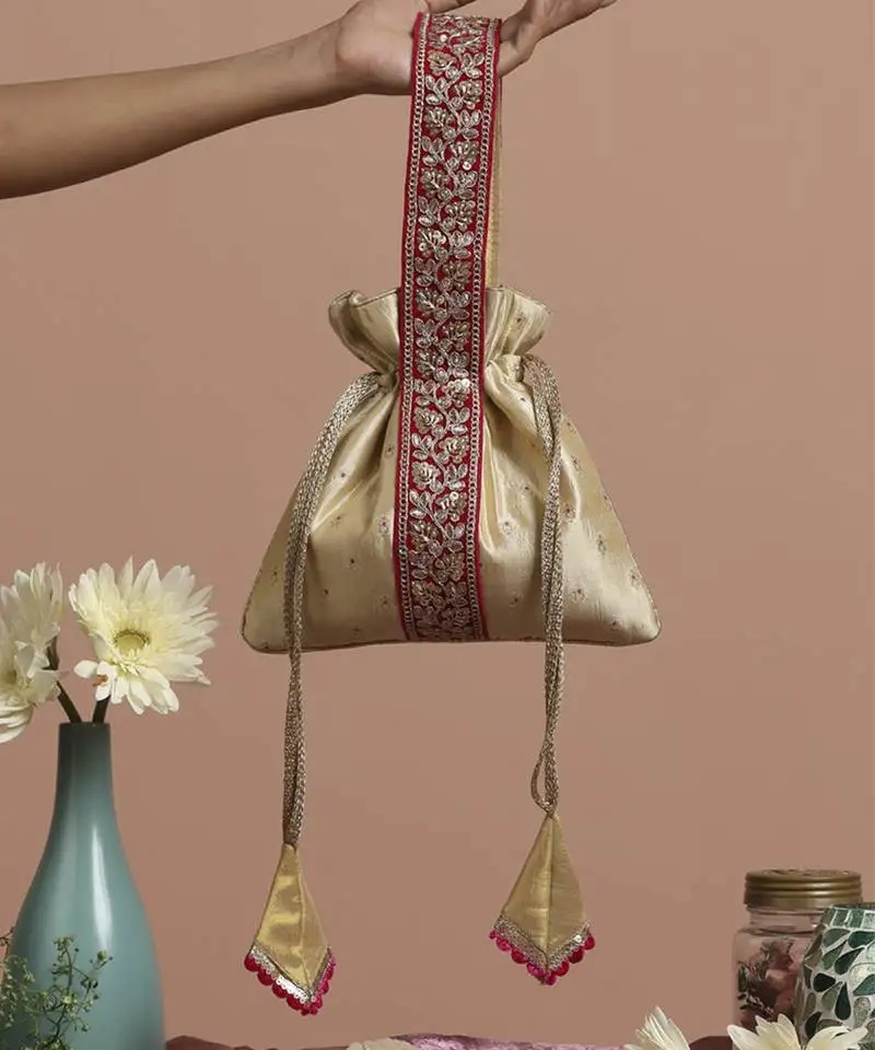 Magenta and cream pure silk potli bag
