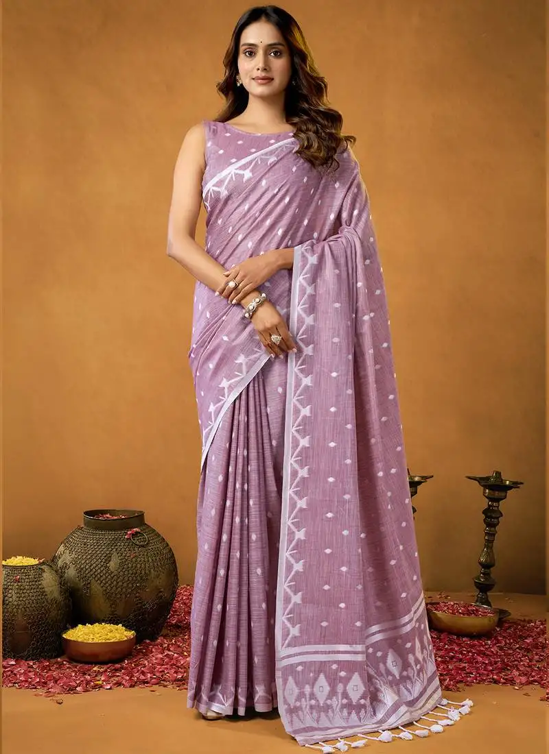 Lavender spun floral contton jamdani saree
